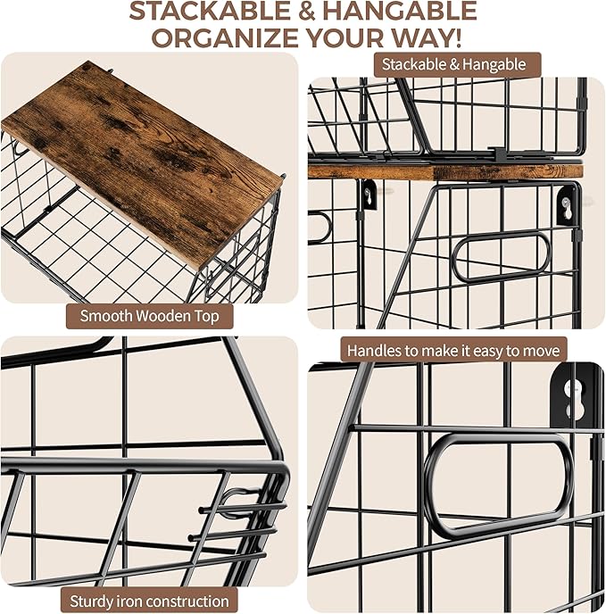 Delamu 3 Pack Stackable Metal Fruit Basket with Wood Lid-Wall Mounted&Countertop Organizer for Kitchen,Pantry- Ventilated Storage for Onions,Potatoes,Fruits,Spices,Black-Ruum Studio Home