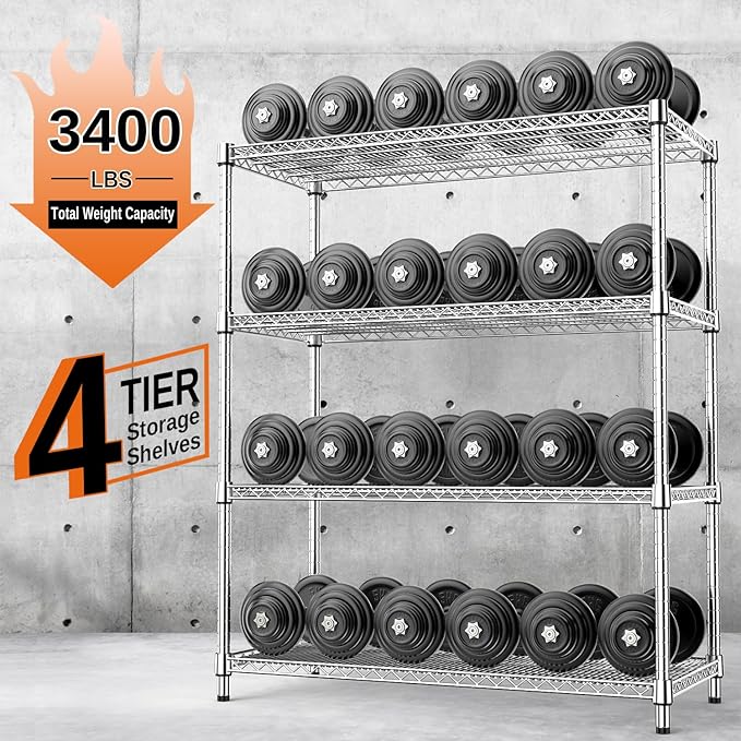 IZEUK 3400 LBS Garage Shelving Wide Storage Shelves 4 Tier Metal Shelves Heavy Duty Adjustable Utility Shelf Rack Chrome 17.7" D x 47.2" W x 70.4" H-Ruum Studio Home
