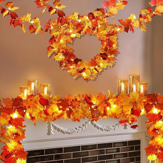 2 Pack Fall Decor Maple Leaves Garland with Lights Battery Operated Fall Thanksgiving Decorations Garland for Home Porch Front Door Table Mantle Outdoor Autumn Harvest Halloween Decor, 11.8Ft 40LED-Ruum Studio Home