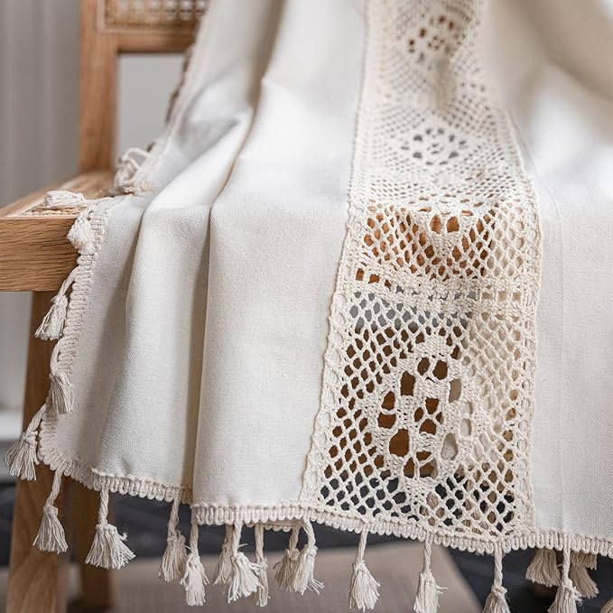 Sutuo Home Boho Curtain Crochet Lace Patchwork Semi-Blackout Bohemian Handmade Tassels, Rod Pocket Window Treatment Vintage Rustic Farmhouse Drapes for Bedroom, 1 Panel 59" W x 96" L, Beige-Ruum Studio Home