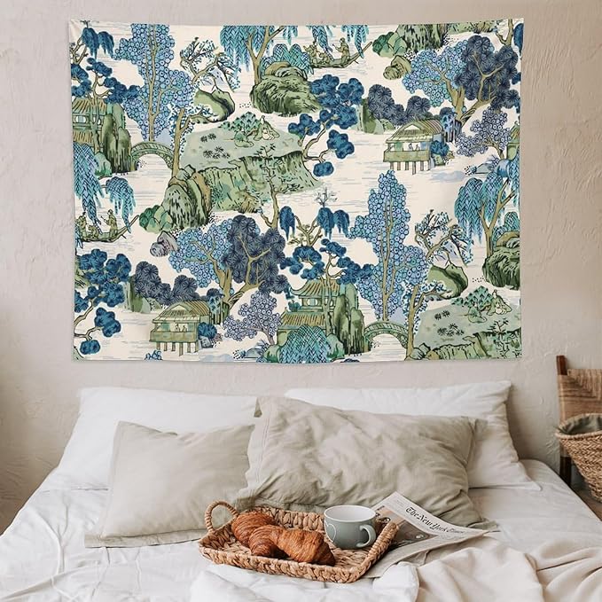 Chinoiserie Tapestry,Asian Watercolor Abstract Art Tapestry,Asian Japanese Wall Tapestry, Nature Landscape Tapestries for Bedroom Living Room Decor 80"x60"-Ruum Studio Home