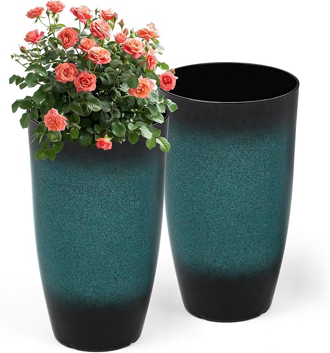 Tall Outdoor Planters, Set of 2 Large Flower Pots for Outdoor Plants, with Gradient Turquoise Finish, Weather-Resistant for Porch, Garden, Patio-Ruum Studio Home