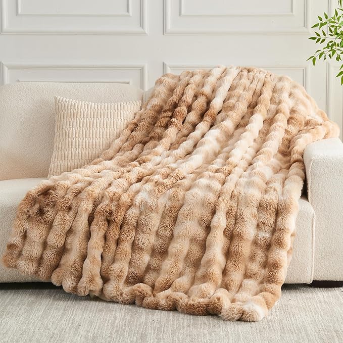 NEWCOSPLAY Faux Fur Throw Blanket Tie-dye Beige Luxury Fluffy Thick Warm Bubble Blanket for Couch Sofa Bed 700GSM (Tie-dye Beige, Throw(50"x60"))-Ruum Studio Home