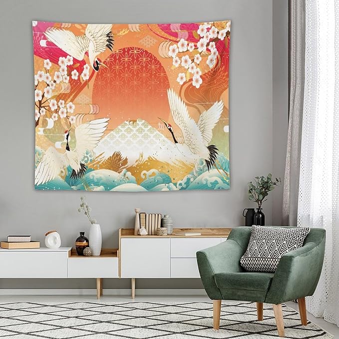 HZOHNAGO Japanese Tapestry Cherry Blossom Crane Sea Wave Fuji Mountain Red Sun Pattern Printed Wall Tapestry Painting Wall Hanging for Bedroom Living Room Dorm 60" W x 50" H-Ruum Studio Home