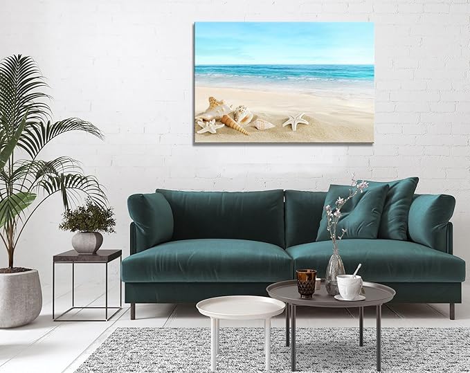 DZL Art S73981 Beach Picture Decor Ocean Painting Canvas Wall Art Prints of Starfish and Seashell on Sandy Seaside Ready to Hang for Living Room Bedroom Office Wall Decor Home Decoration-Ruum Studio Home