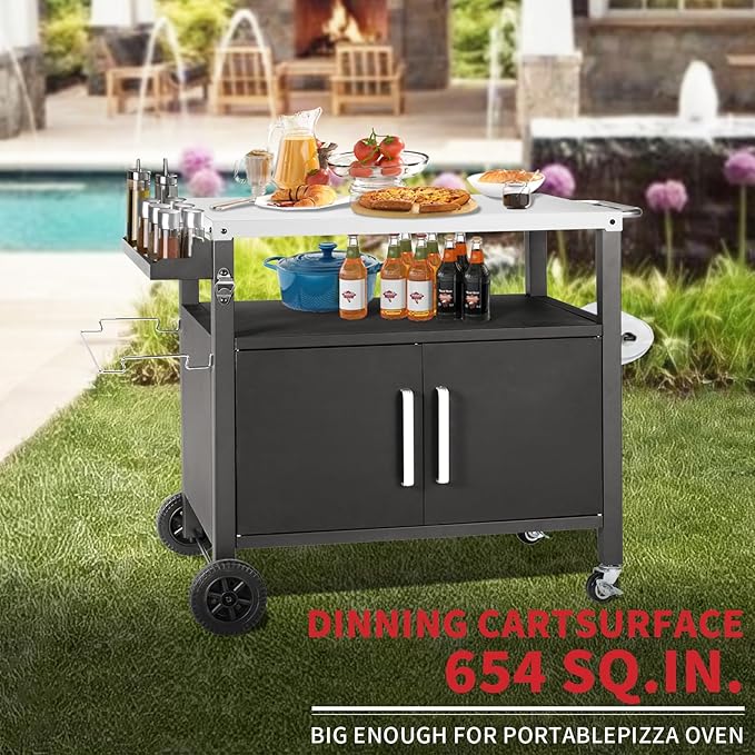 Grill Cart Table with Big Storage Cabinet, Movable Outdoor Dining Cart Pizza Oven Stand, Kitchen Cart Island Multifunction Food Prep Table Stainless Steel Surface-Ruum Studio Home