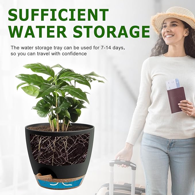 Plant Pots 10/9/8/7.5/7 Inch Self Watering Pots, Set of 5 Plastic Planters with Drainage Holes and Saucers,Plastic Flower Pots,Nursery Planting Pot for Indoor Out Door Plants(Black Brown)-Ruum Studio Home