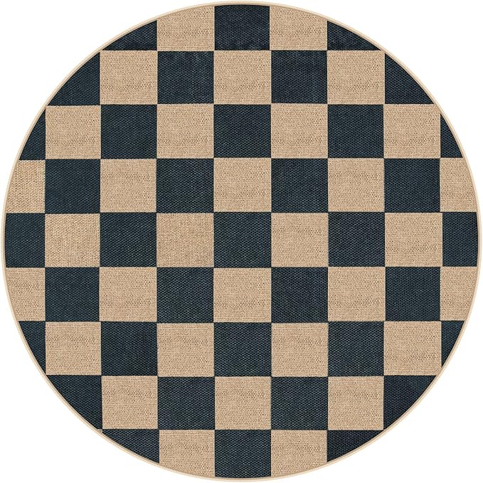 Lahome Checkered 4 ft Easy Jute Round Rug, Washable Small Rugs for Entryway Patio, Farmhouse Non Slip Non Shedding Indoor Outdoor Circle Carpet for Kitchen Porch-Ruum Studio Home