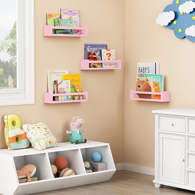 Forbena Pink Floating Shelves for Wall, Aesthetic Wall Bookshelf for Girls Room Decor, Wood Nursery Bookshelves for Toddler Kids Bedroom Book and Toy Storage Organizer (Set of 4, Pink)-Ruum Studio Home