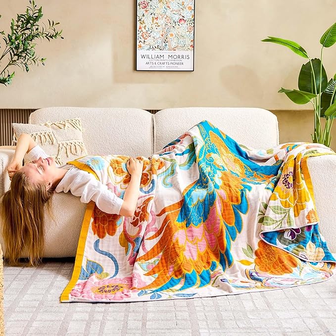 Boho Throw Blanket, Lightweight Blankets for Summer, 100% Cotton Bohemian Decorative Throw Blanket, 80"x90" Reversible Muslin Breathable Woven Farmhouse Blankets Quilt,-Ruum Studio Home