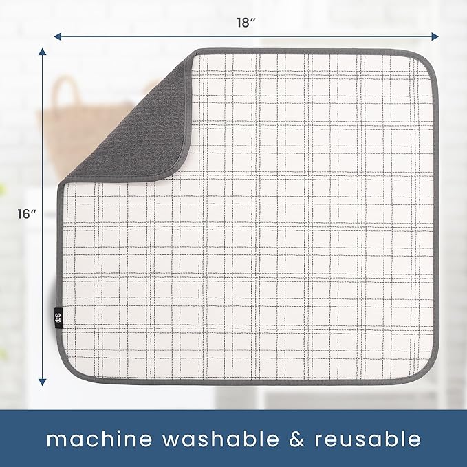 S&T INC. Dish Drying Mat, 16” x 18”, Absorbent Microfiber Kitchen Counter Mat, Dish Drying Pad for Dishes, Utensils, Pots and Pans, Large, Stitched Plaid-Ruum Studio Home