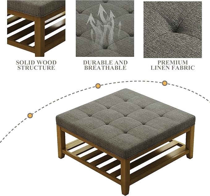 Large Square Ottoman Coffee Table, Linen Solid Upholstered Footrest Ottoman with Solid Wood Shelf Storage Tufted Coffee Table for Bedroom Living Room, Granite-Ruum Studio Home