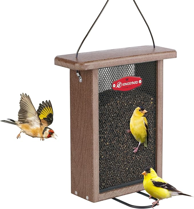 Kingsyard Metal Mesh Bird Feeder for Outdoors Hanging, Finch Feeder for Nyjer/Thistle, Sliding Mesh & Built-in Perch, Recycled Plastic, Brown-Ruum Studio Home