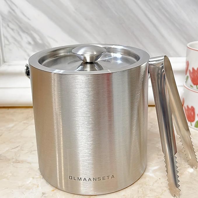 Small Ice Bucket with Lid and Tongs,1.3L Portable Mini Double Walled Ice Cube Bucket for Cocktail Bar Stainless Steel Cute Insulated Ice Buckets for Parties-Ruum Studio Home