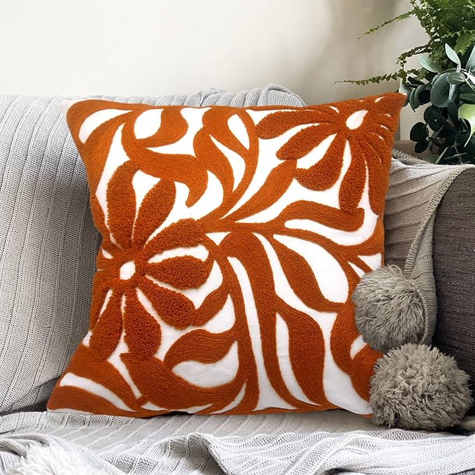 Alysheer Farmhouse Floral Leaves Embroidered Decorative Throw Pillow Cover 18x18 inches, Boho Tufted Flowers Embroidery Pattern Chic Cotton Cushion Case for Couch Bed Sofa Living Room(Burnt Orange)-Ruum Studio Home