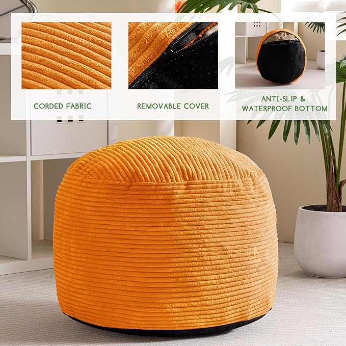HIGOGOGO Round Stuffed Pouf Ottoman, Corduroy Poufs with Foam Chunk Filling, Furry and Fluffy Pouf Foot Stool Storage Ottoman, 26 X 18 Floor Poufs Foot Rest for Living Room, Orange-Ruum Studio Home