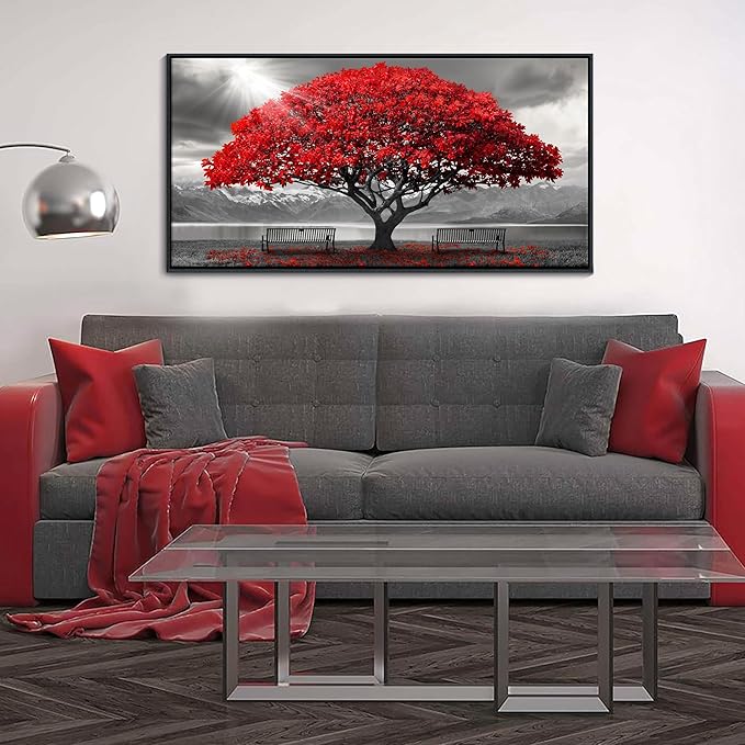 AJAZIKO Red Wall Art - Modern Framed Wall Art for Living Room - Red Tree Black and White Landscape Canvas Prints Posters & Prints for Home Office Bedroom Decorations - Large Wall Pictures 20×40IN-Ruum Studio Home