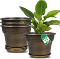 Plant Planters Pots Set of 4 Pack 11 Inch, Plastic Flower Pot for Indoor Plants with Drainage Holes & Trays, Resin Decorative Container Sets with Saucer for House Outdoor Garden Planters Dark Gold-Ruum Studio Home