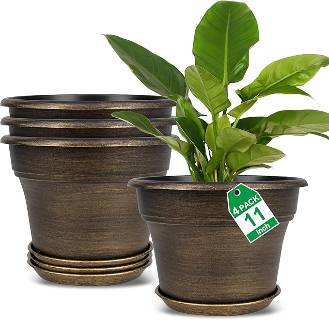 Plant Planters Pots Set of 4 Pack 11 Inch, Plastic Flower Pot for Indoor Plants with Drainage Holes & Trays, Resin Decorative Container Sets with Saucer for House Outdoor Garden Planters Dark Gold-Ruum Studio Home