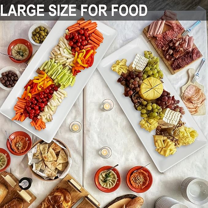 Long Melemine Serving Tray, 17.3x8x1.5 in Serving Platters and Trays for Appetizer, Charcuterie, Bread, Fruit, Dessert, Set of 2, White-Ruum Studio Home
