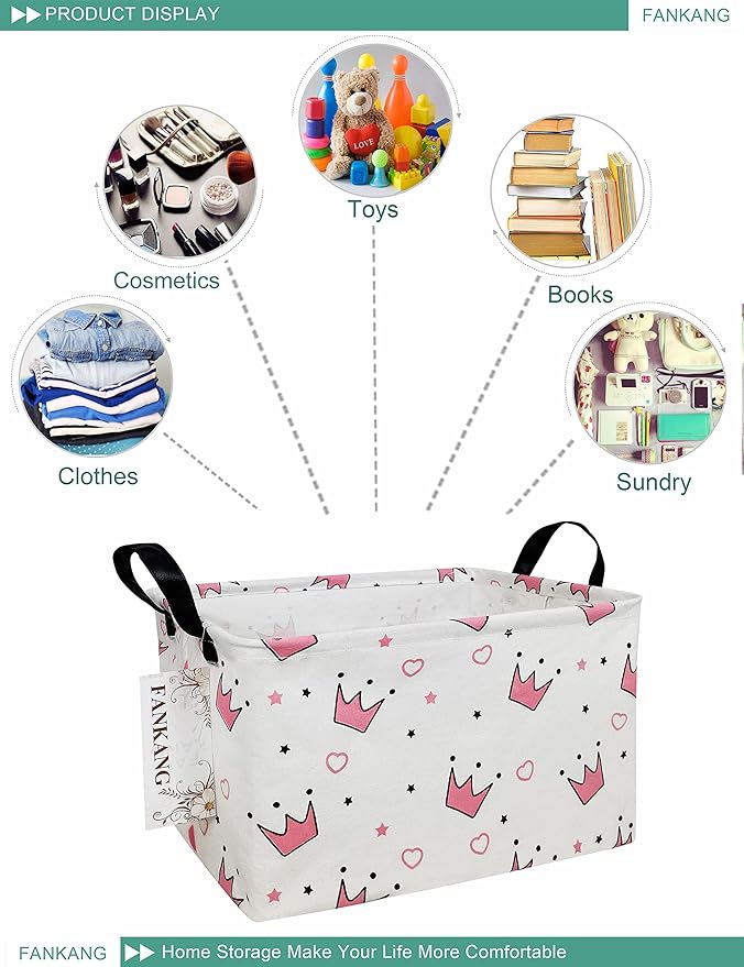FANKANG Storage Bins, Nursery Hamper Canvas Laundry Basket Foldable with Waterproof PE Coating Large Storage Baskets for Kids Boys and Girls, Office, Bedroom, Clothes,Toys(Rec-pink crowns)-Ruum Studio Home