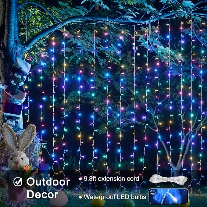 JMEXSUSS 300LED Easter Decorations Curtain Lights with Remote, 9.8x9.8ft Easter Sting Lights Plug in for Bedroom Wall Window Party Backdrop Porch Patio Garden Yard Indoor Outdoor Decor-Ruum Studio Home