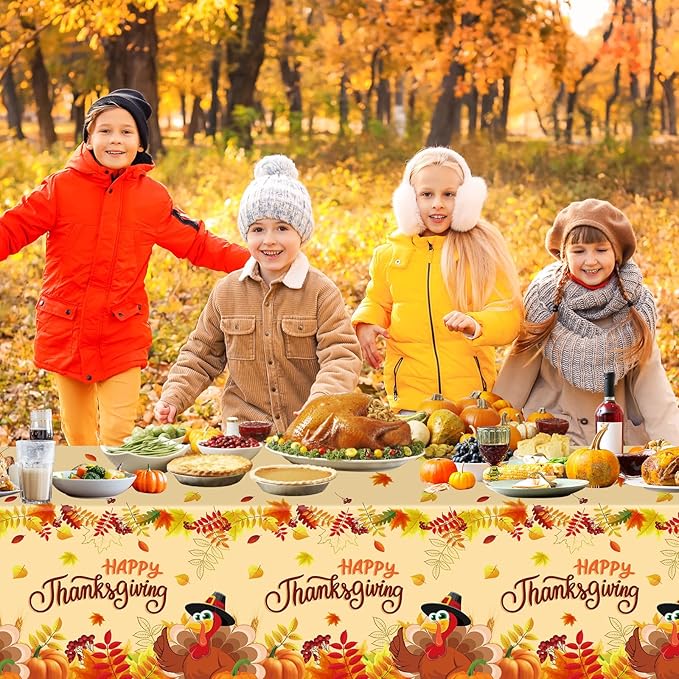 2 Pack Happy Thanksgiving Tablecloth - Fall Thanksgiving Turkey Table cloths, Disposable Plastic Rectangle Autumn Pumpkin Maple Leaf Table Cover for Thanks Giving Tables Decor Party Supplies,108x54In-Ruum Studio Home
