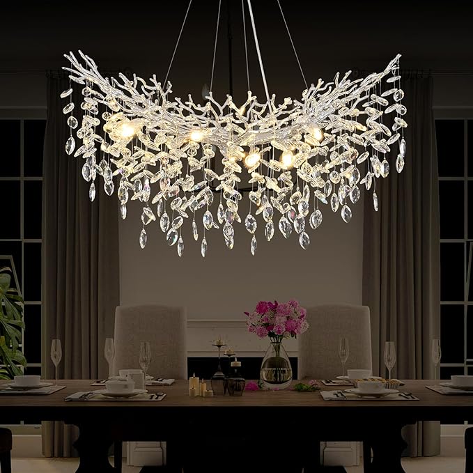 Modern Crystal Silver Chandelier, 36" Large Rectangular Oval Tree Branch Crystal Chandeliers for Dining Room,16-Light Flush Mount K9 Crystal Chandeliers, for Kitchen Island,Dining Room-Ruum Studio Home