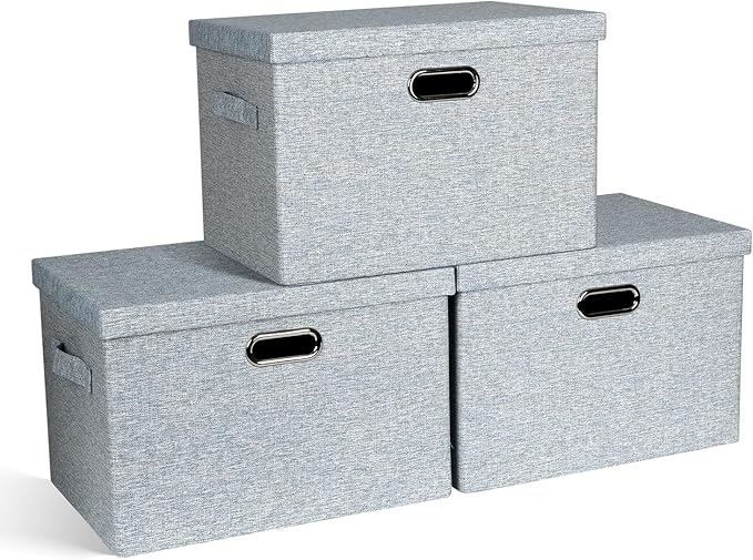 Large 17" 36 Quart Collapsible Stackable Storage Bins with Lids, 3 Packs Blue-Grey Linen Fabric Closet Boxes with Lids, Storage Cube Baskets Container Organizers for Bedroom (17x12x11)-Ruum Studio Home