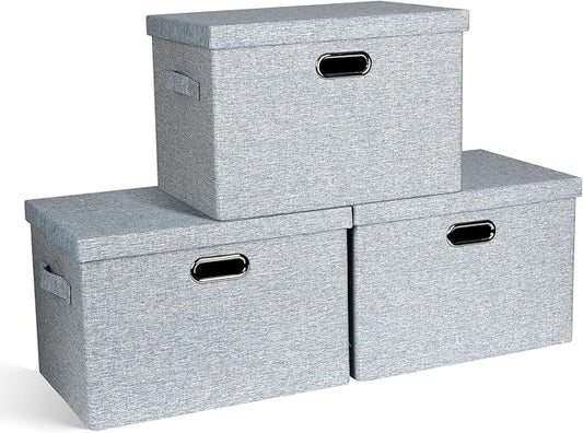 Large 17" 36 Quart Collapsible Stackable Storage Bins with Lids, 3 Packs Blue-Grey Linen Fabric Closet Boxes with Lids, Storage Cube Baskets Container Organizers for Bedroom (17x12x11)-Ruum Studio Home