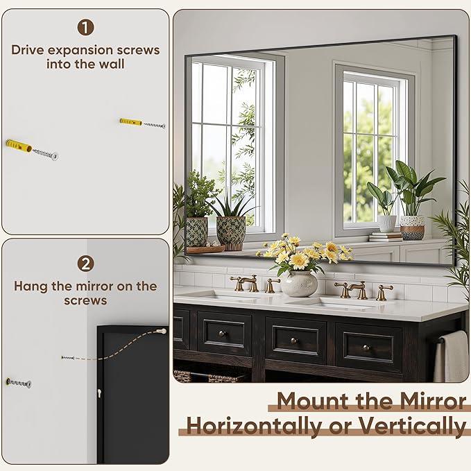 Bathroom Mirror 48" x 36", Large Rectangle Wall Mirror, Black Metal Frame Wall Mounted Mirrors for Bathroom, Vanity, Bedroom, Entryway Decor(Horizontal/Vertical)-Ruum Studio Home