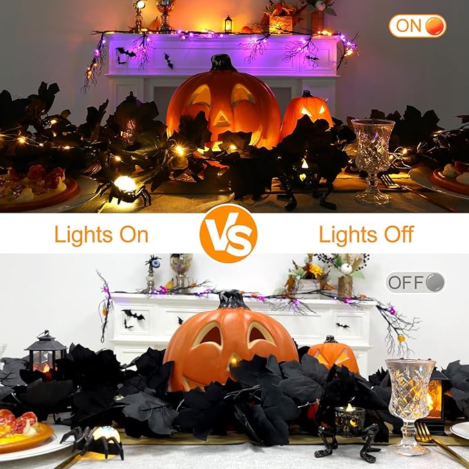 Joyhalo 2 Pack Halloween Garland with Lights, Black Maple Leaves Lighted Garland for Mantle, 5.7FT Light Up Leaf Autumn Vines Outdoor for Door Frame, Fireplace and Thanksgiving Fall Decor-Ruum Studio Home