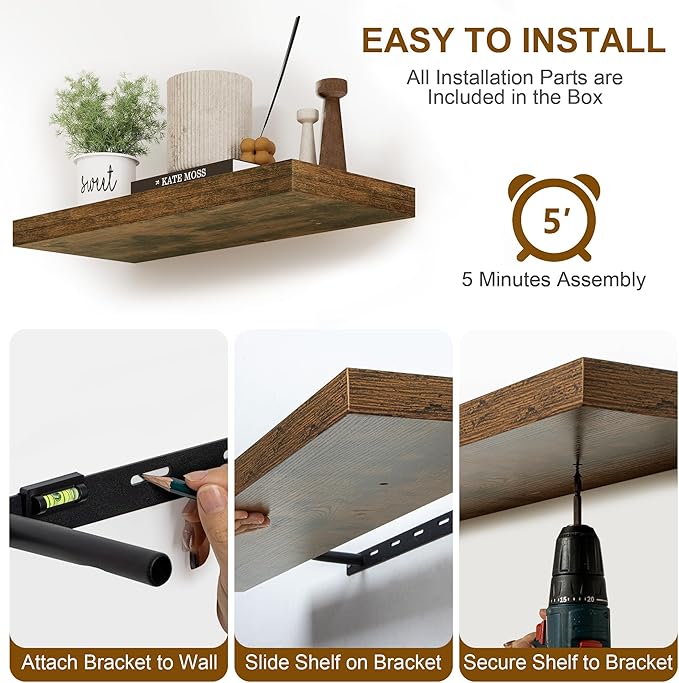 Fun Memories Floating Shelves for Wall, 8 Inch Deep Floating Wall Shelf, 16" x 8" Floating Shelves - Set of 2, Rustic Wooden Storage Shelves for Bathroom, Living Room, Kitchen, Rustic Brown Color-Ruum Studio Home