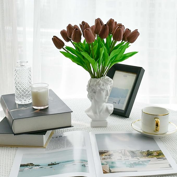 Mandy's Artificial Tulips 20 Stems Brown PU Faux Flowers for Wedding Home Decor 13.5 Inch-Ruum Studio Home