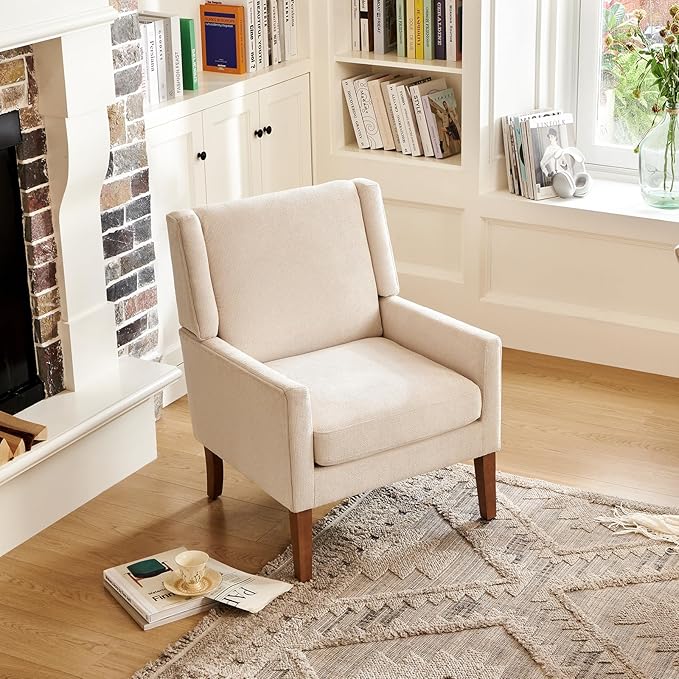 COLAMY Modern Wingback Living Room Chair, Upholstered Fabric Accent Armchair, Single Sofa Chair with Lounge Seat and Wood Legs for Office/Bedroom/Reading Spaces, Beige-Ruum Studio Home
