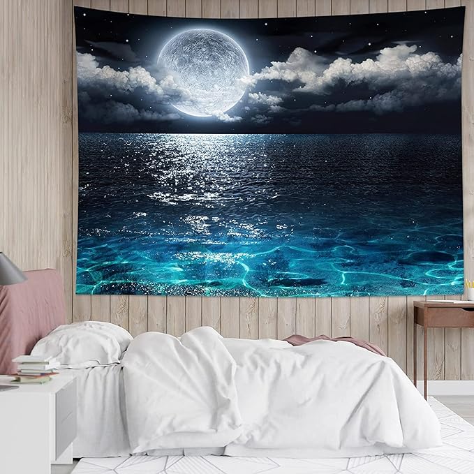 LB Moon Over Ocean Tapestry, Night Sky Tapestry Wall Hanging,3D Fantasy Psychedelic Watercolor Wall Art for Bedroom Living Room Dorm Home Decor,48 x 36 Inches-Ruum Studio Home