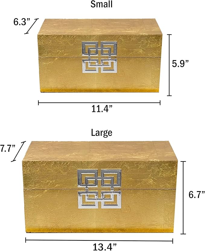Galt International Storage Box Set Decorative Storage Box w/Hinged Lid Classic Design Wood Decor Boxes with Geometric Clasp Storage for Bedroom & Home - Set of 2 (Gold Leaf)-Ruum Studio Home