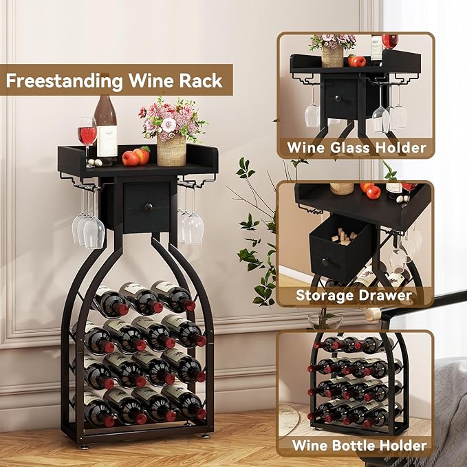 IBUYKE Wine Rack Freestanding Floor,Wine Storage 15 Bottles Bottle Rack with Glass Holders, Mini Bar Wine Cabinet with Storage Drawer for Home Bar Kitchen Dining Room,Black,UTMJ908B-Ruum Studio Home