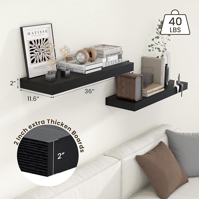 Deep Floating Shelves for Wall, 12'' Deep Large Floating Shelves Set of 2, 36 Inch Distressed Black Wood Shelves for Living Room Bathroom Laundry Room Bedroom Kitchen Home Office - Black-Ruum Studio Home