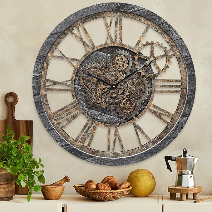 HOIBAI Wall Clock, Large Wall Clocks for Living Room Decor 18 Inch Battery Operated Silent Non-Ticking Modern Farmhouse Vintage Roman Big Wall Clock for Home Bedroom House Office, Moving Gears Clock-Ruum Studio Home