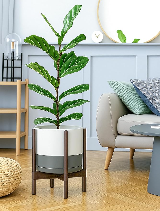 D'vine Dev Ceramic Planter with Walnut Color Stand - 12 Inch Modern Round Flower Pot with Wood Planter Holder, White/Grey, 55-B-W-6-Ruum Studio Home