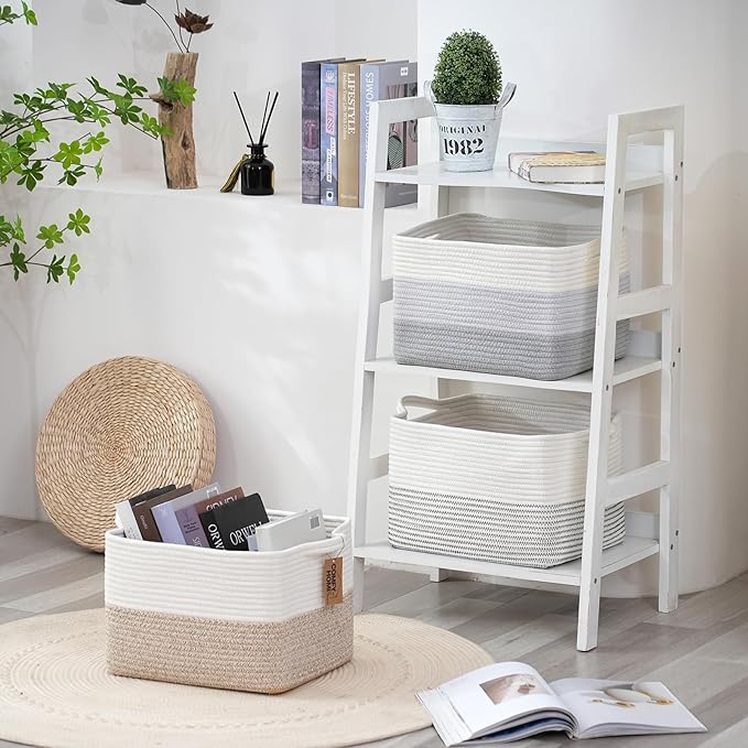COMFY-HOMI 3-Pack Cotton Rope Woven Basket with Handles for Shelves, Books, Toys, Cloth Storage|Towel Storage|Nursery Baby Basket - 13.5" x 11" x 9.5" for Living Room (White/Brown)-Ruum Studio Home