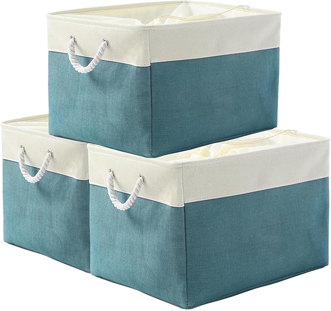 TheWarmHome Storage Bin for Shelves - Extra Jumbo 3 Pack 20.5L×15.7W×13.8H Storage Basket for Organizing, Fabrin Storage cubes with Drawstring Cover for Living Room Bedroom Decor Closet（White & Green-Ruum Studio Home