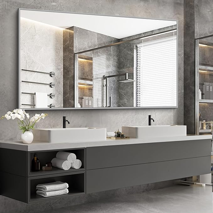 36x60inch Brushed Nickel Bathroom Mirror, Silver Rectangle Mirror with Frame, Large Rectangular Wall Mirrors for Bathroom, Living Roomm, Hair Salon, Big Mirror Hang Horizontal/Vertical-Ruum Studio Home