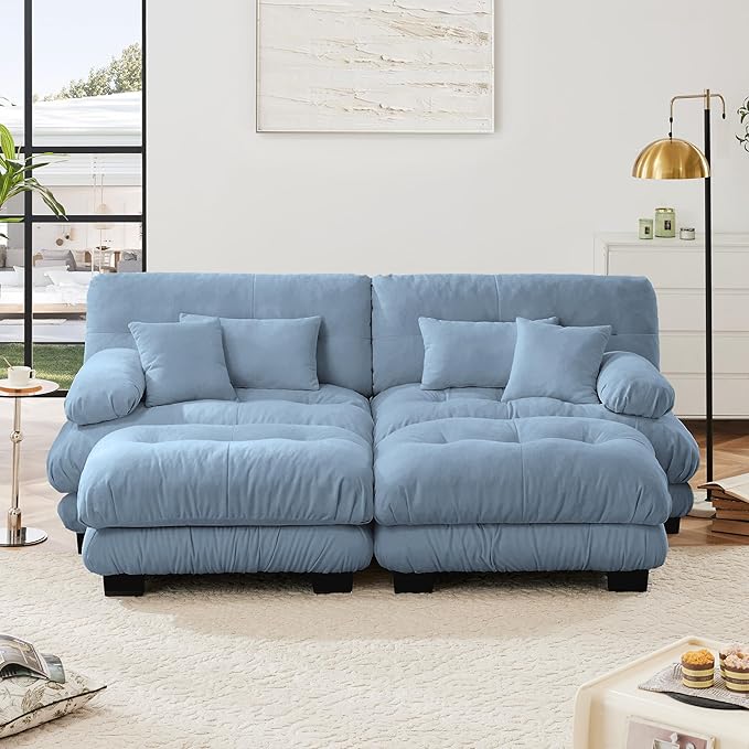 Modular Sectional Sofa, Comfy Cloud Couch Oversized Loveseat with Ottoman, Sectional Couches for Living Room, Modern Chenille U Shaped Couch, Sleeper Deep Seat Sofa with Throw Pillows, Blue-Ruum Studio Home