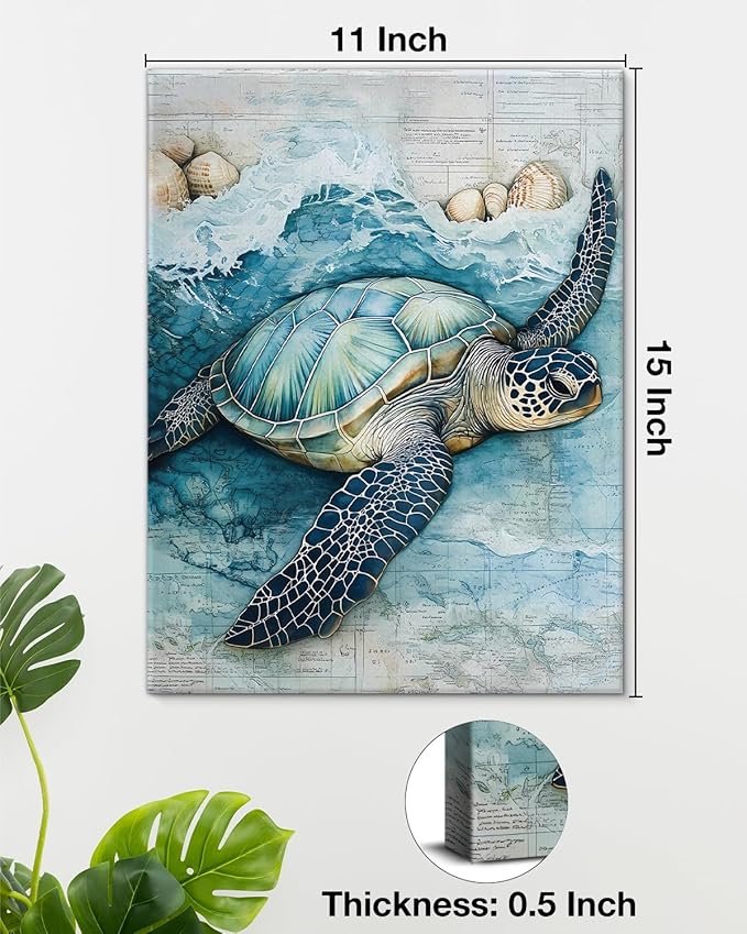 Coastal Sea Turtle Canvas Wall Art Turtle Nautical Ocean Theme Print Poster Framed Picture Painting for Home Beach House Bedroom Wall Decor 11x15 Inch-Ruum Studio Home