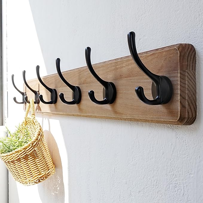 Dseap Wall Mounted Coat Rack: 24" Long, Patented, Heavy-Duty, 6-Double-Hooks Wooden Hanger Rail for Winter Coats, Hat, Jacket, Clothing - Weathered Brown, Pack of 2-Ruum Studio Home