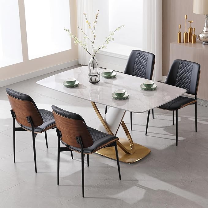 BV Dining Chairs Set of 6, PU Leather Armless Kitchen Chair in Modern Walnut Style, Mid Century Bentwood Side Chair with Metal Legs, Retro Accent Guest Chair for Kitchen Dining Room(Black)-Ruum Studio Home