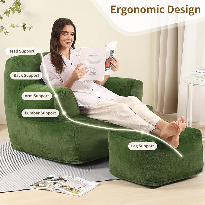 Comfy Gaint Bean Bag Chair with Ottoman, Huge Bean Bag Armchair for Adults and Teens, Green-Ruum Studio Home