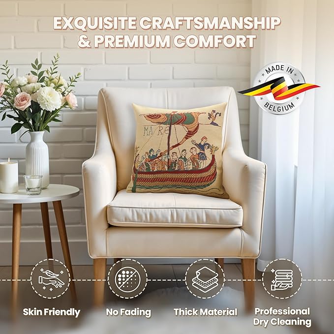 Charlotte Home Furnishings Bayeux Mare Throw Pillow Cover 16" x 16" – Medieval Ship Decorative Tapestry Cushion Case for Sofa, Couch, & Bed | Cotton Jacquard Woven in Europe | Insert Not Included-Ruum Studio Home